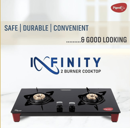 Pigeon Infinity Gas Cooktop with Glass Top and Stainless Steel body 2 Burner Gas Stove, Manual Ignition, Black - Image 2